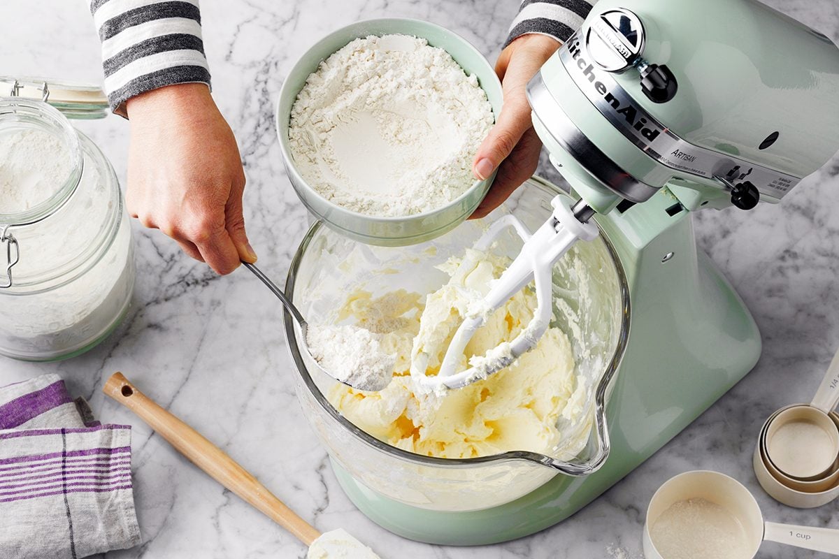 Step 1; Flour Being Sprinkled Into Creamed Mixtuire In Kitchenaid Not Running