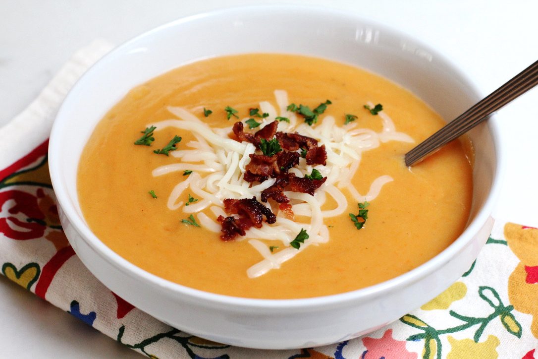 finished pioneer woman potato soup in a bowl