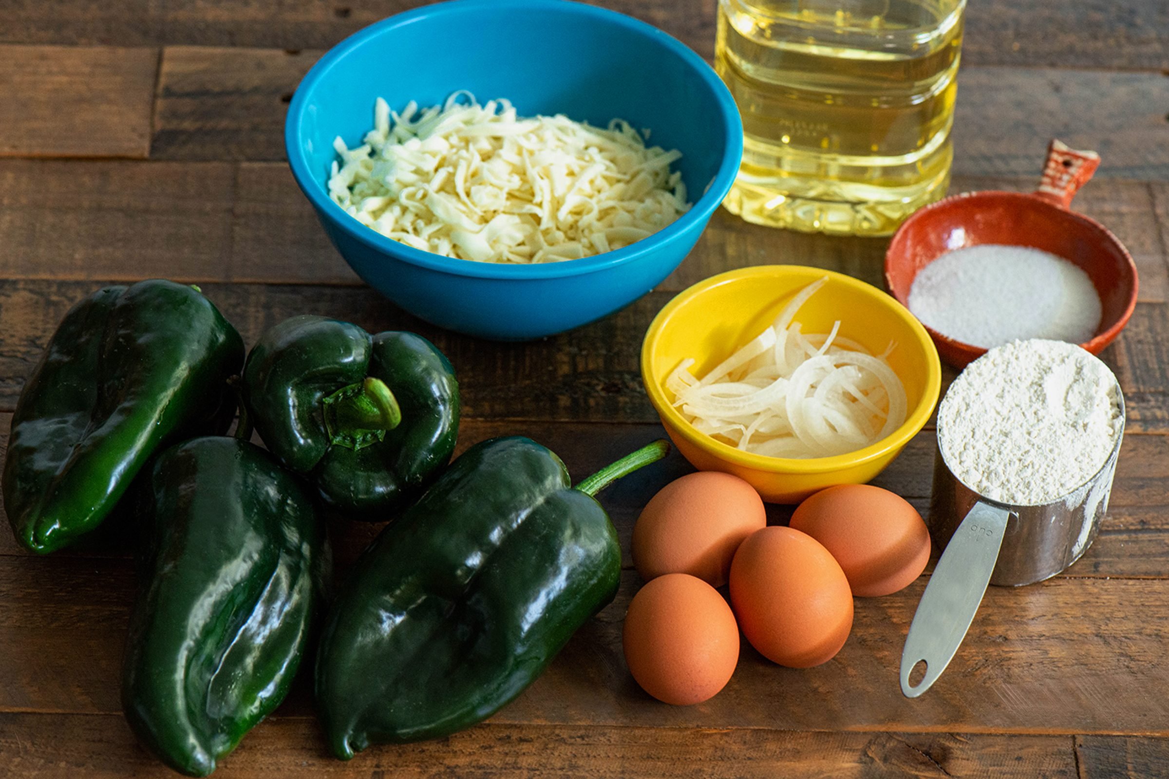 Chiles Rellenos Ingredients on wood counter top
