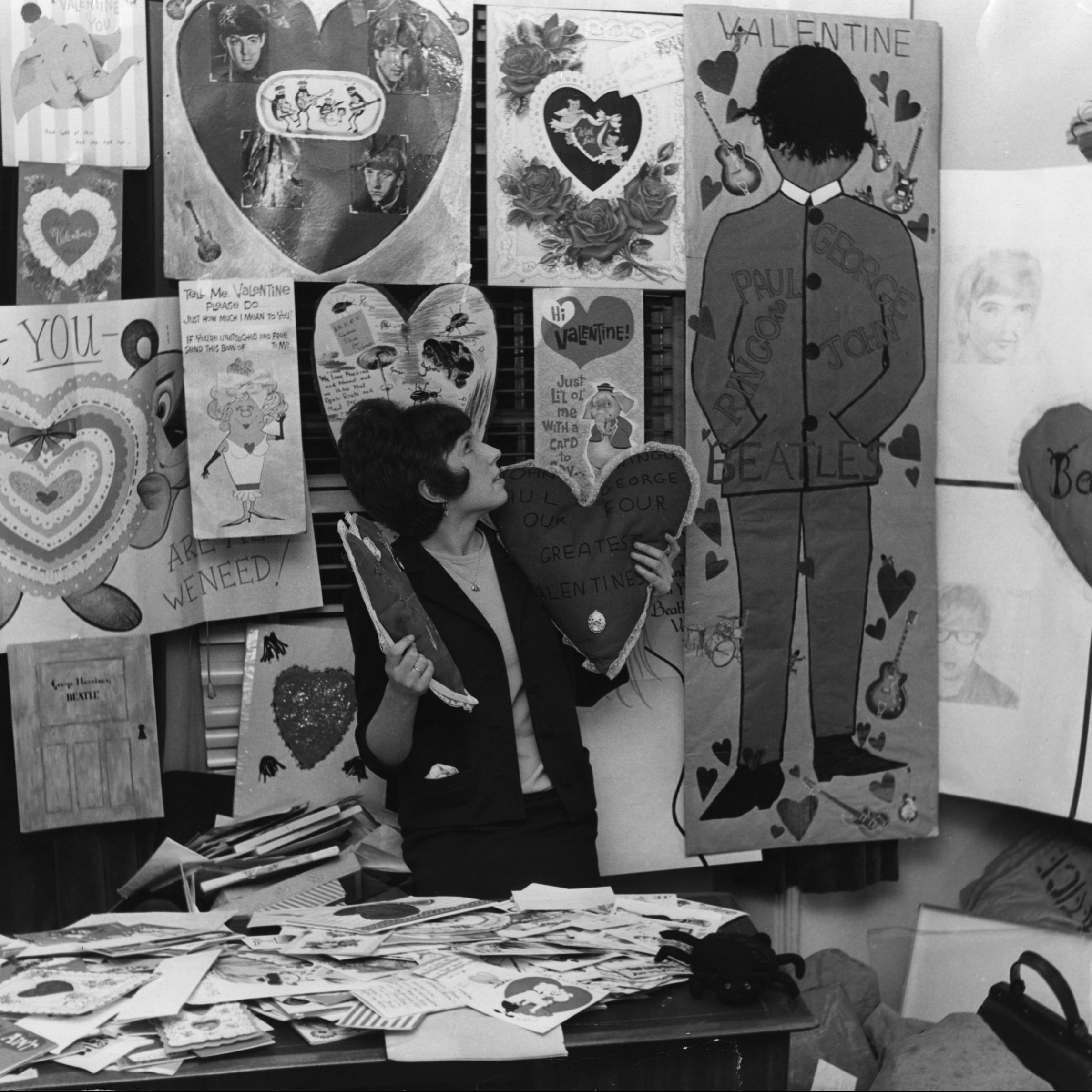The secretary of the Beatles fan club, surrounded by hundreds of Valentine