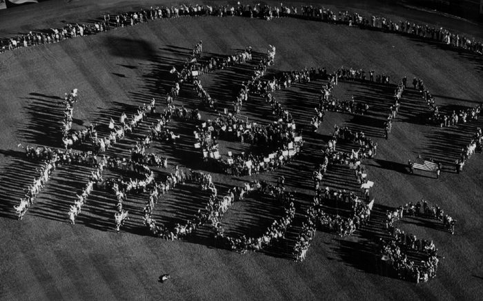 FEB 11 1991 Persian Gulf War - Colorado Thousands of persons gathered Sunday afternoon in the outfield of the sky sox Stadium in Colorado Springs to send a human valentine to the U.S. troops stationed in the Persian Gulf. Credit: Denver Post (Denver Post via Getty Images)