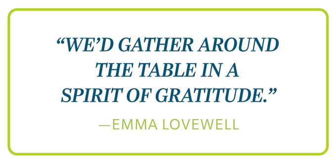 Emma Lovewell Quote; we'd gather around the table in a spirit of gratitude