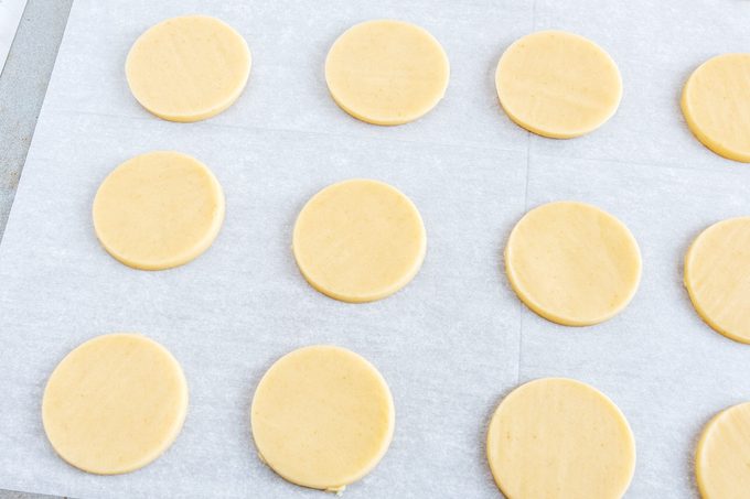 Tagalongs cut disks arranged on a baking sheet