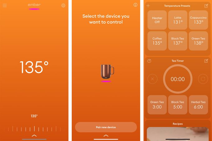 A row of iPhone screenshots of the Ember Mug app