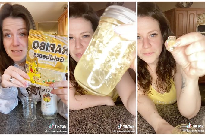 Collage Of Tiktok Showing How To Make Malibu Boozy Gummy Bears