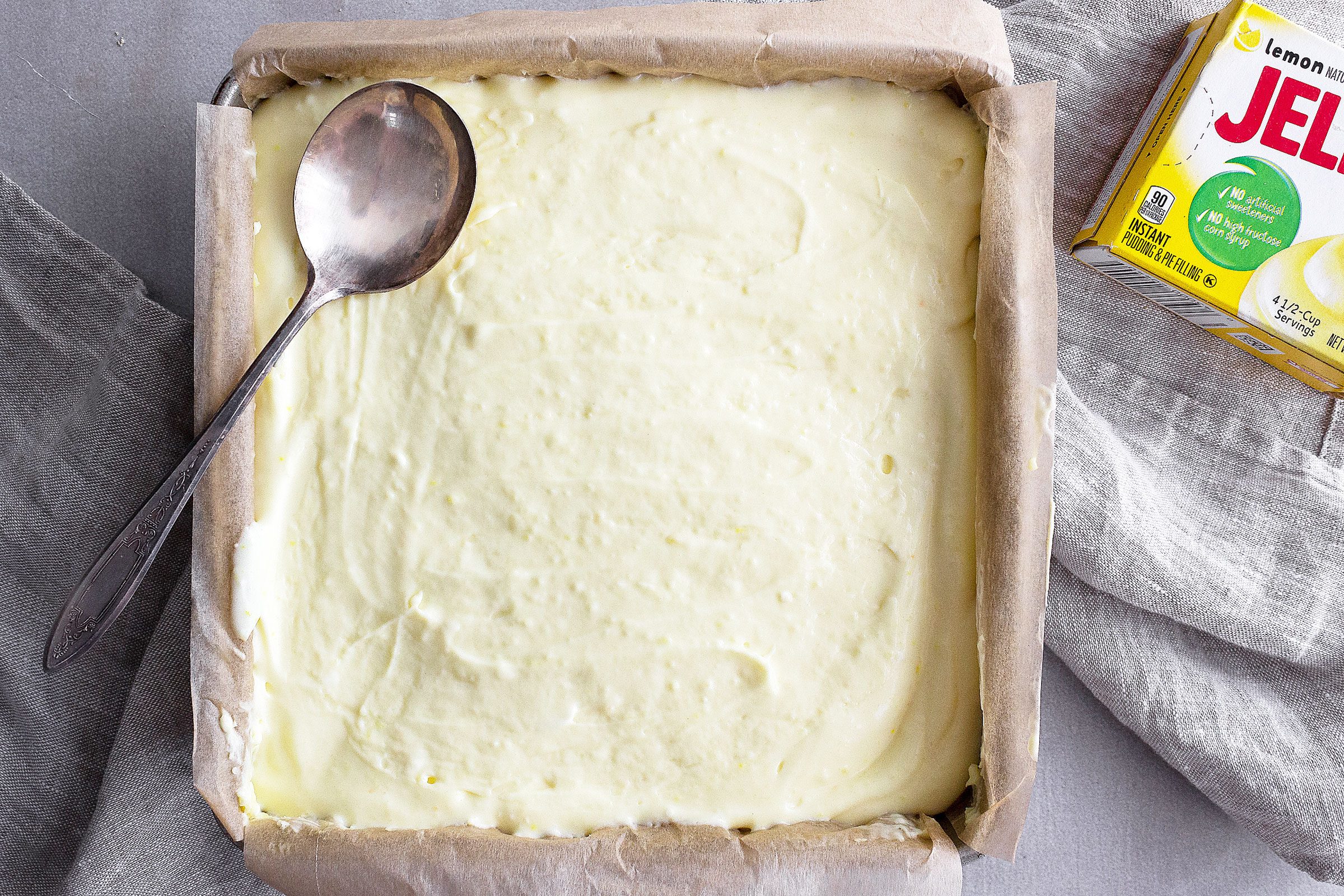 no back cheesecake bars in a square baking dish