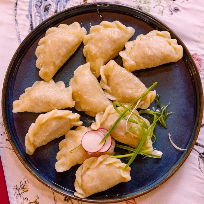 Vareniki, traditional Ukrainian dumplings, high angle view