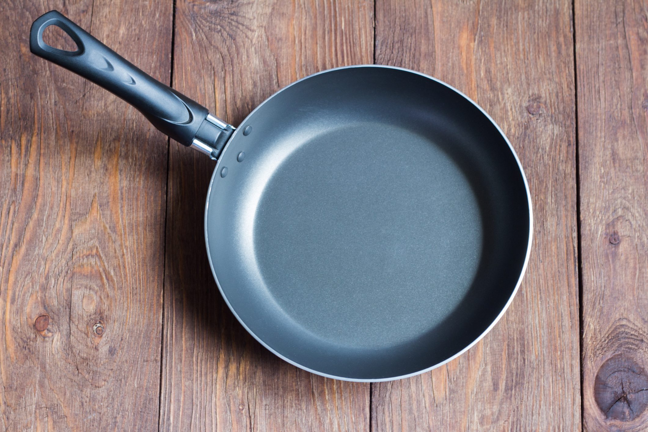 empty frying pan with non-stick coating on wooden background