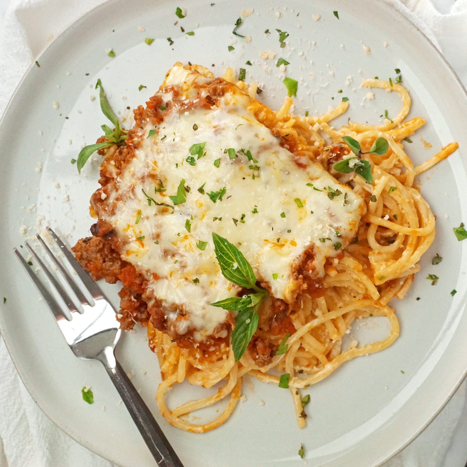 top view of Tiktok Spaghetti on a plate with a fork