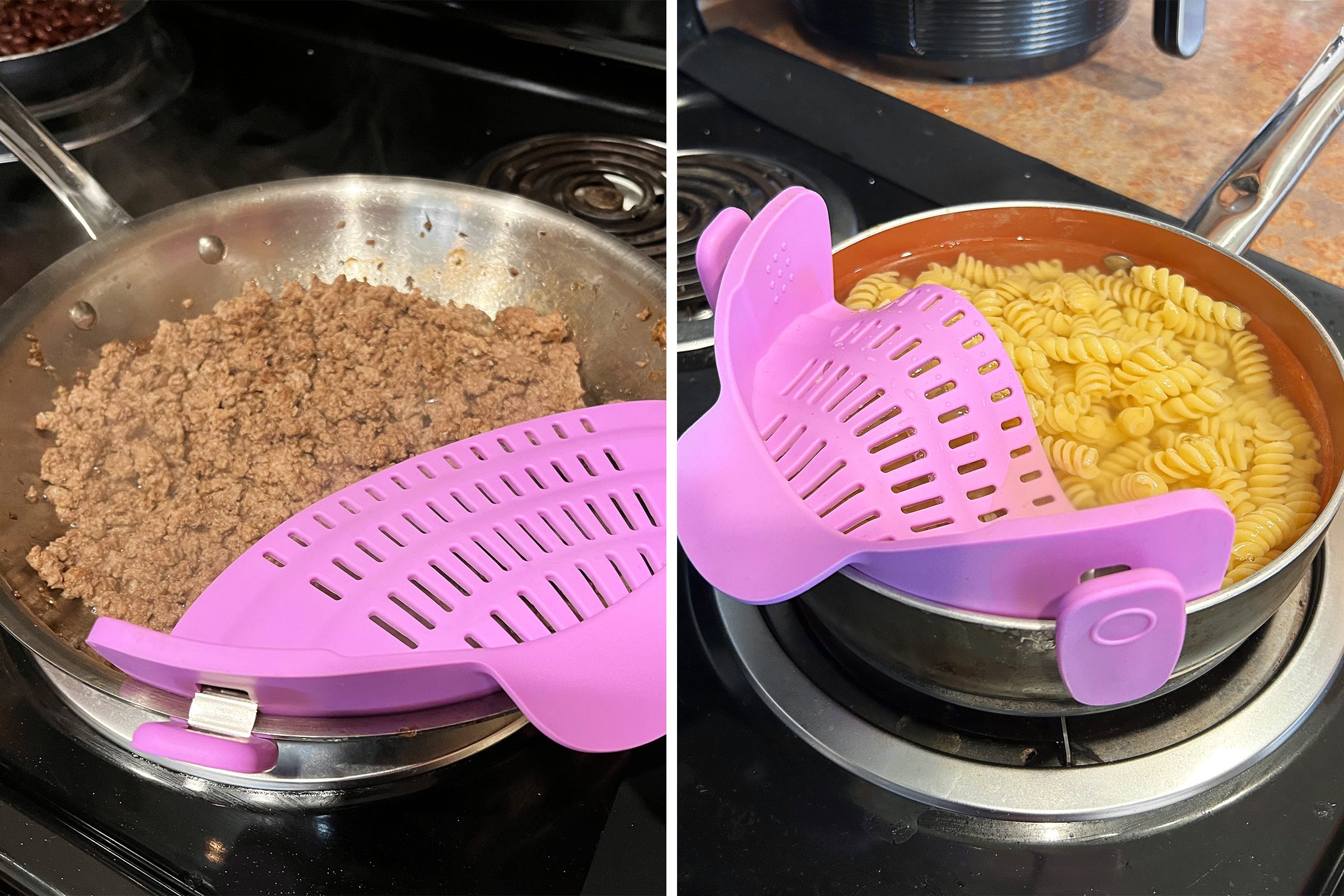 Snap N Strain Pot Strainer on a pan of browning beef and another pot with pastad
