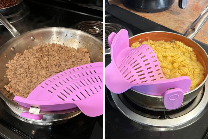 Snap N Strain Pot Strainer on a pan of browning beef and another pot with pastad
