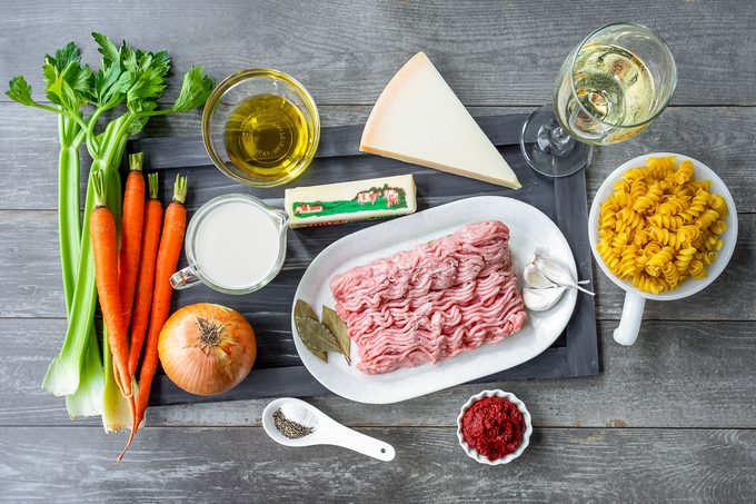 All Ingredients for Emily Blunt’s Turkey Bolognese shot from above