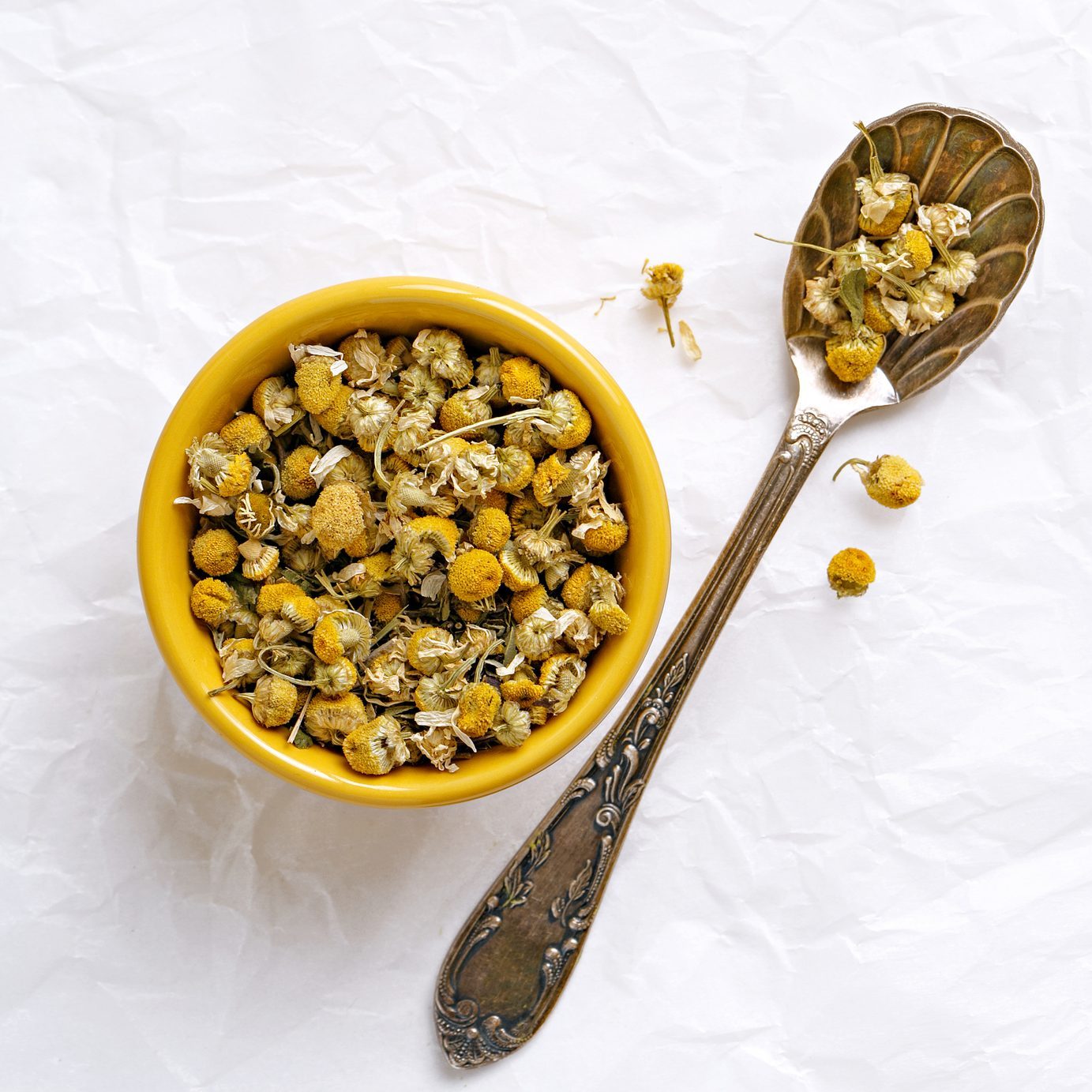 Chamomile dried flower tea viewed from above. Spoon and bowl with herbal chamomile tea ingredients. Top view