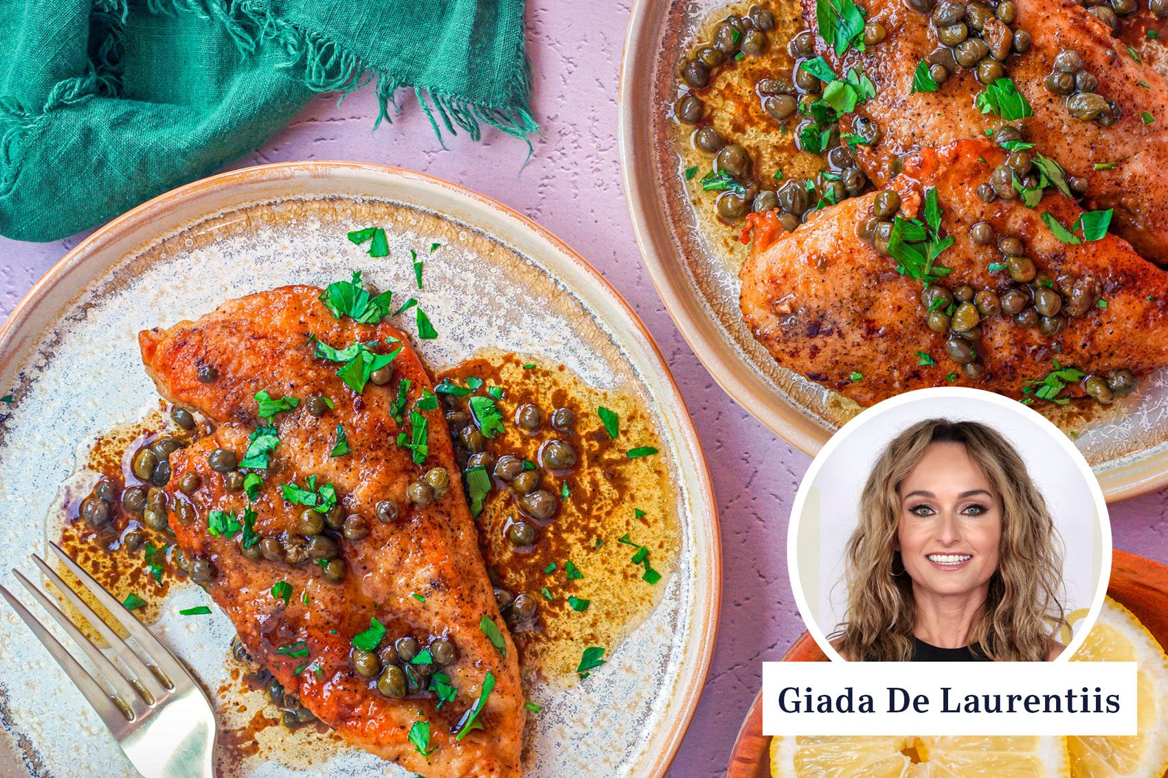 Giada De Laurentiis’ Chicken Piccata Served in a Plate and A Portrait of Giada De Laurentiis