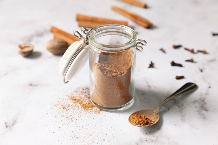 Pumpkin Spice in container on white marble base
