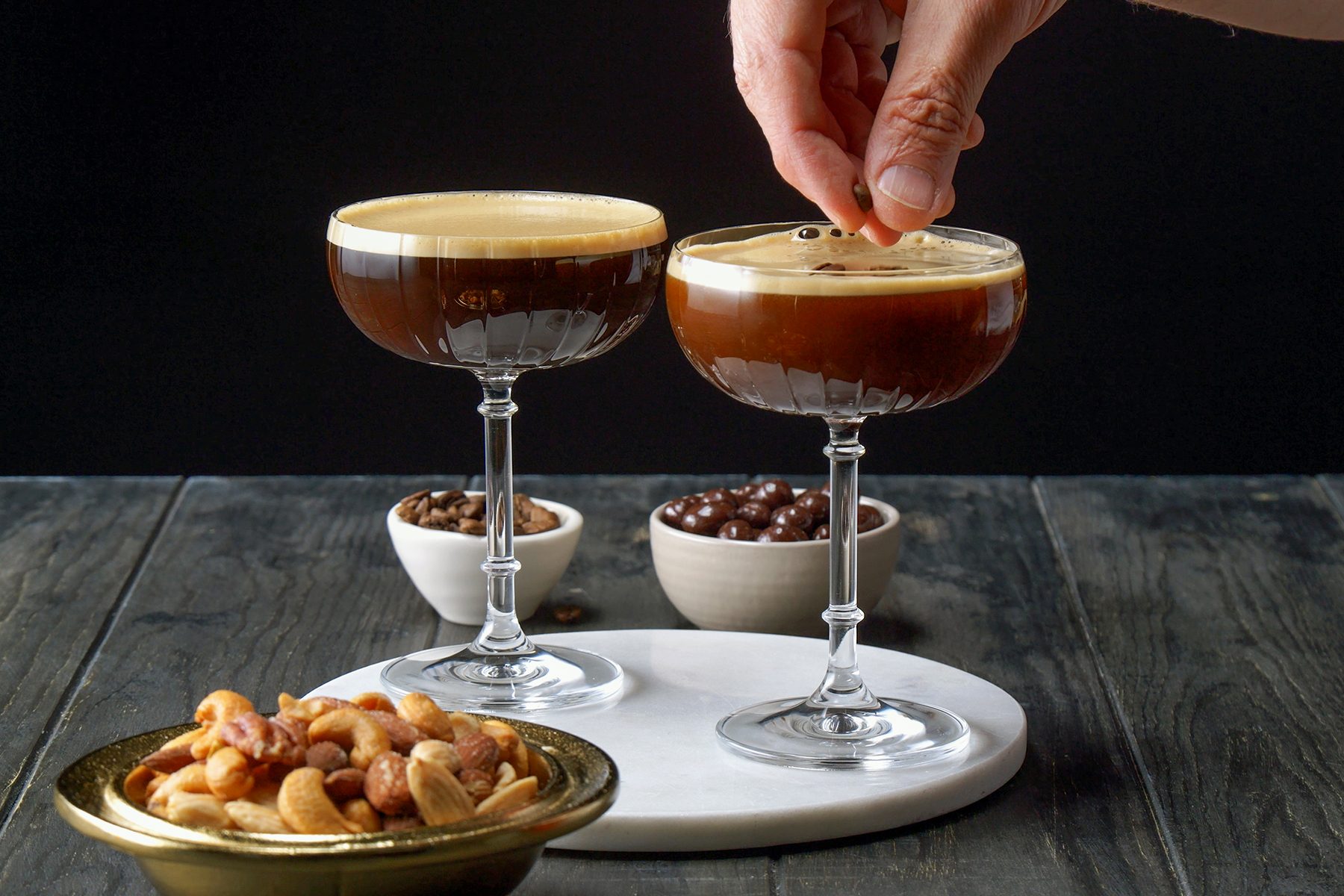 Add three coffee beans to the top