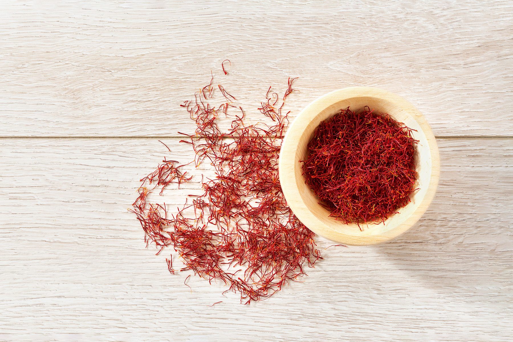 Saffron in a wooden bowl on wooden surface