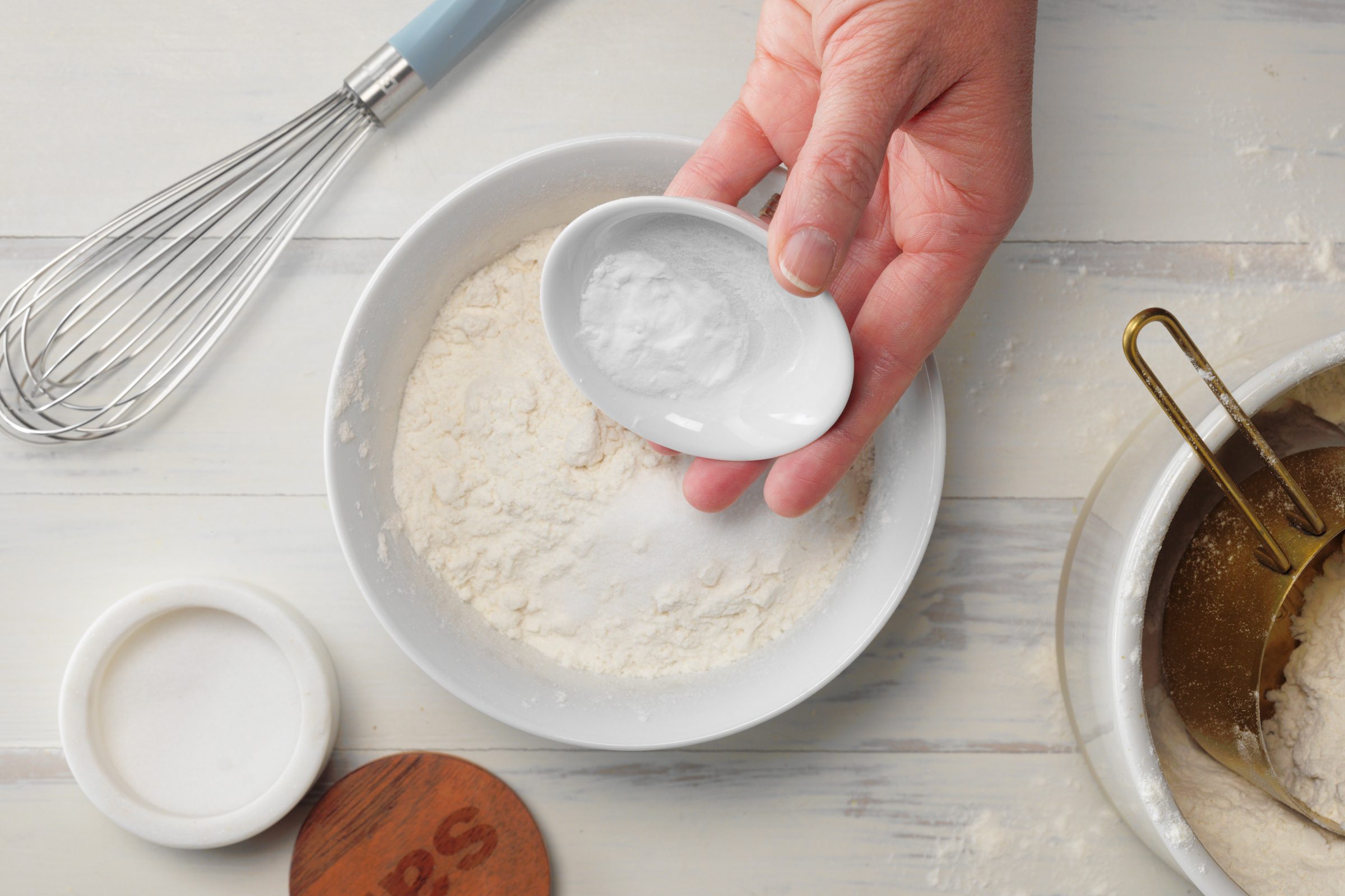 salt dish above bowl of bread ingredients