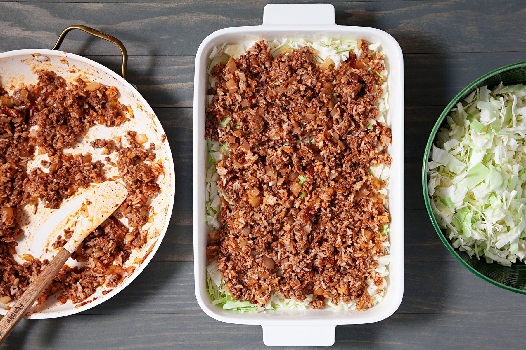 Beef mixture layers on cabbage