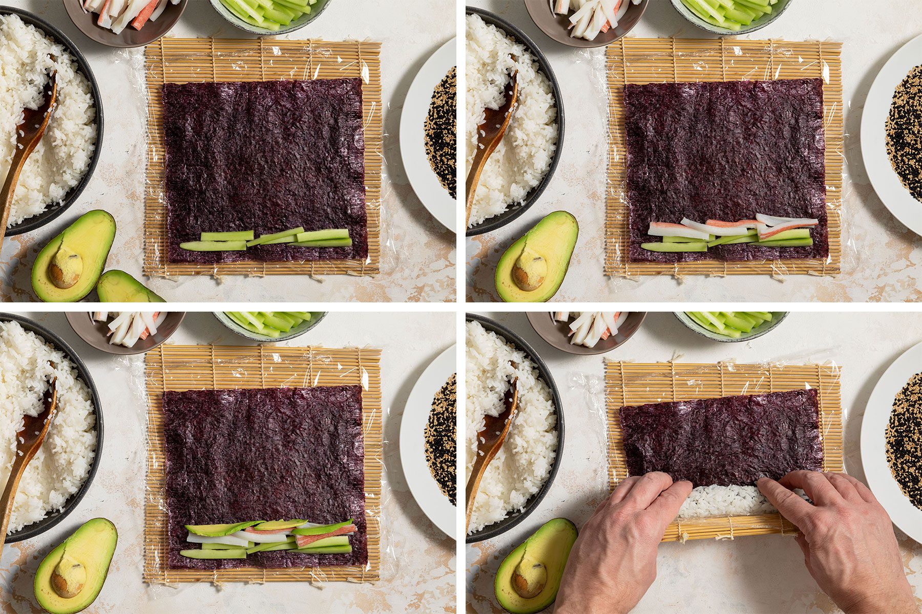 Putting fillings on Nori Paper and rolling it