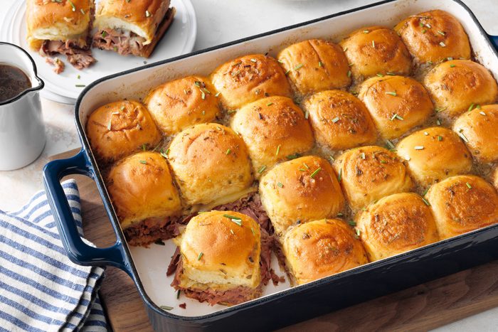 French Dip Sliders in a baking dish