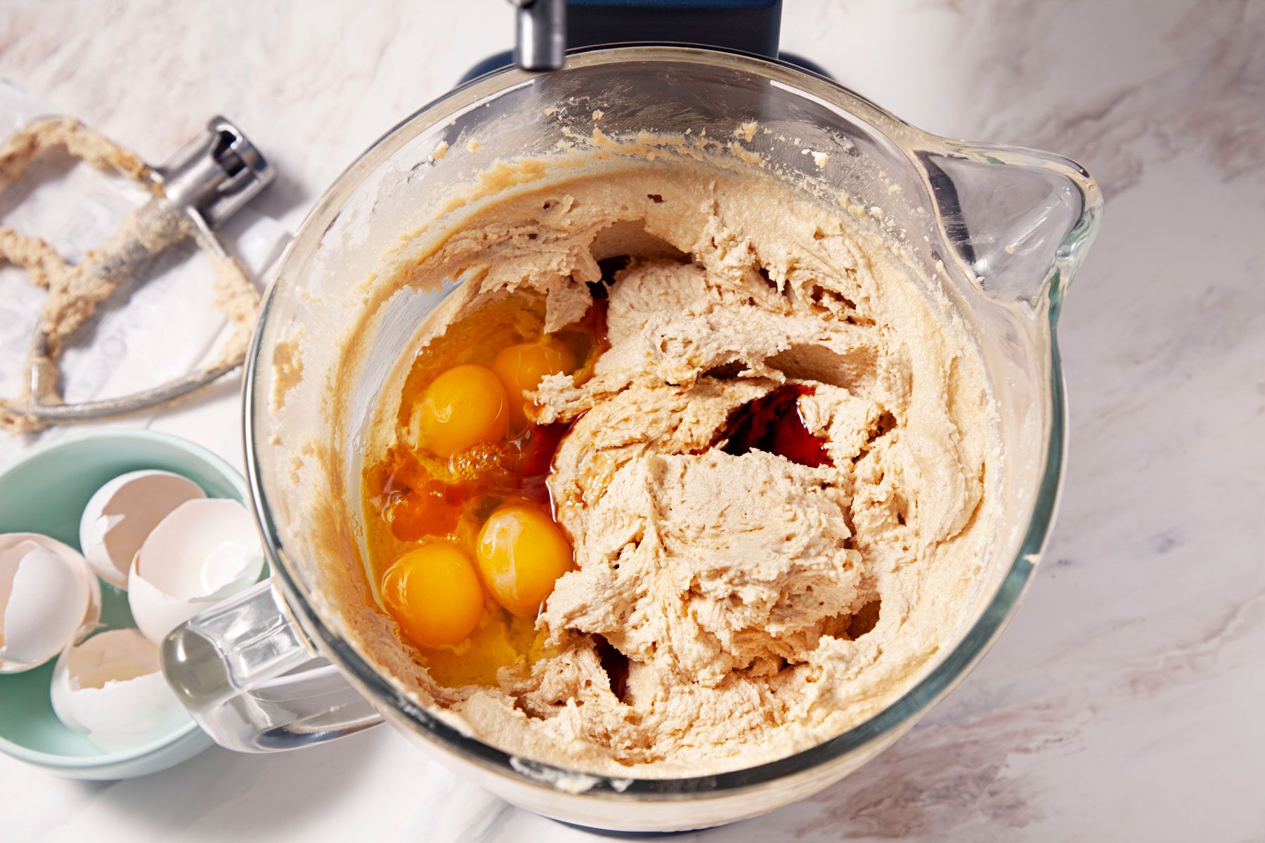 Eggs mixed in a blender with Butter, peanut butter and sugar mixture