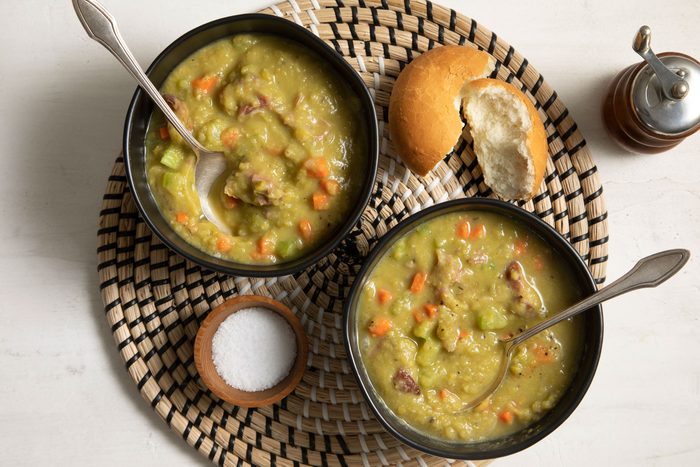 Split Pea Soup served in small bowl with bread
