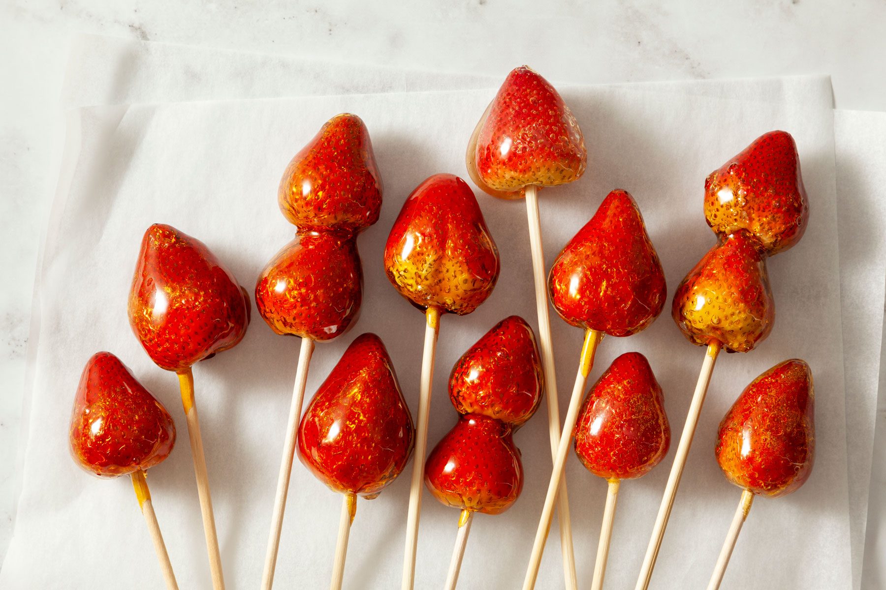Tanghulu arranged on a kitchen countertop ready to serve