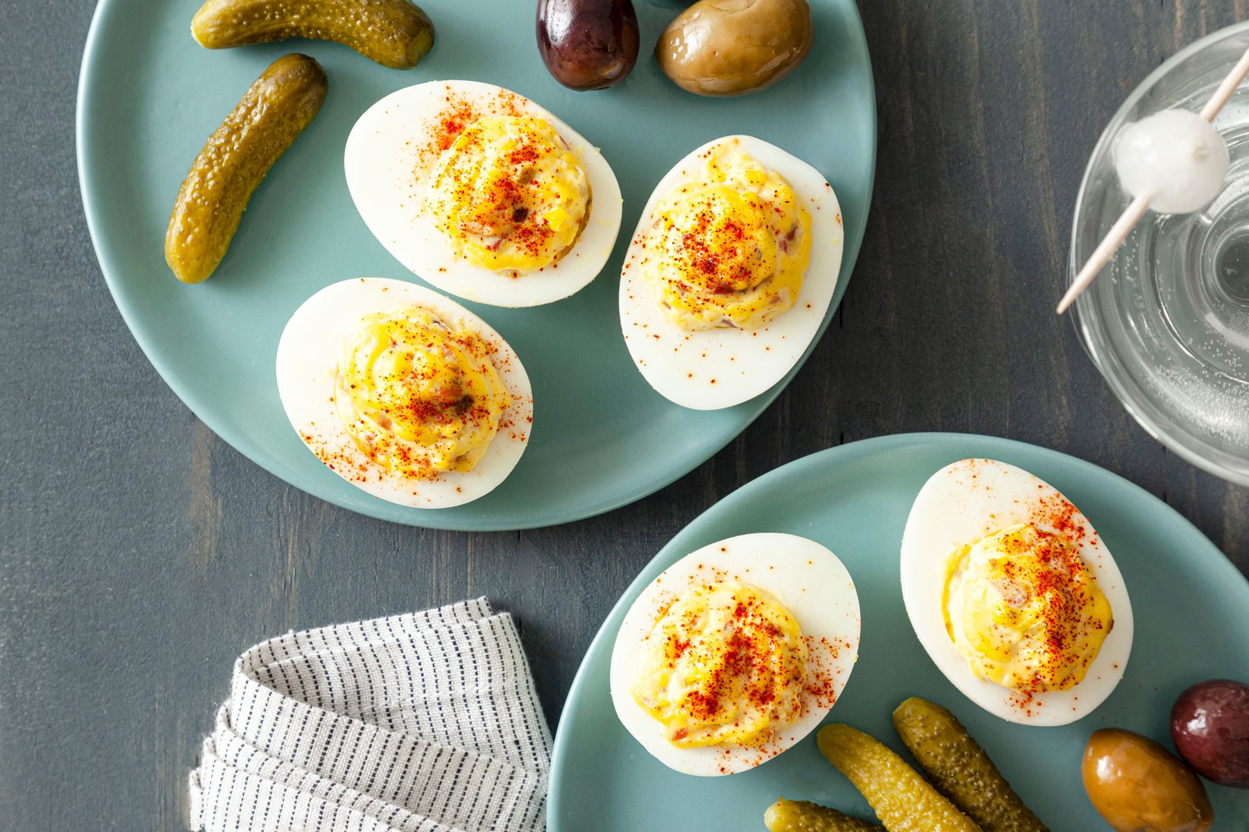 Deviled Eggs With Bacon served in a plate on a wooden surface