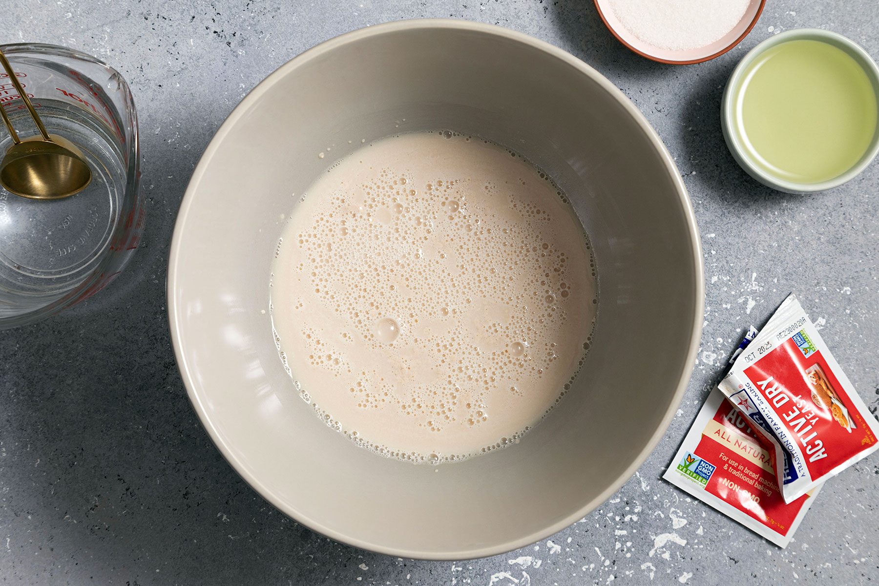 Proofing the yeast in large bowl