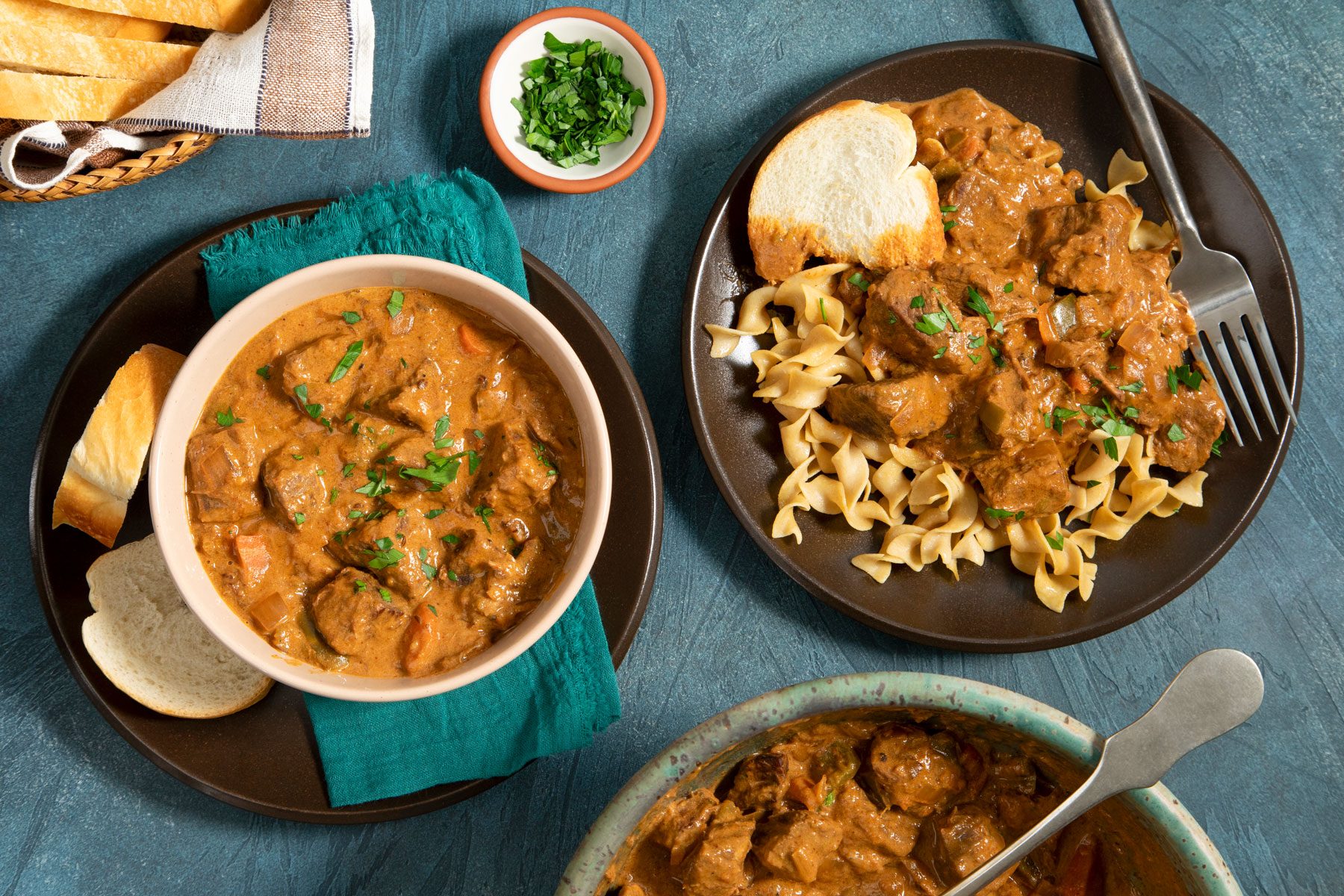 Hungarian Goulash served in a plate with noodles