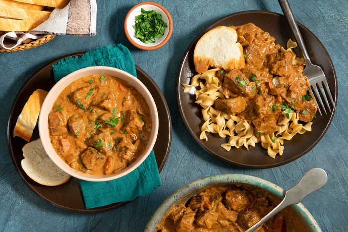 Hungarian Goulash served in a plate with noodles