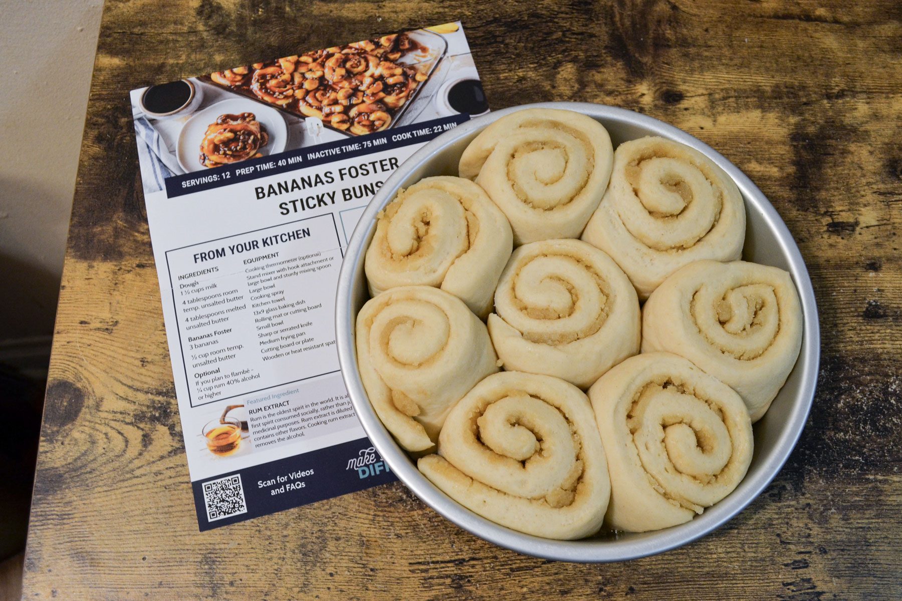 Bananas foster sticky bun bolls on a big bowl