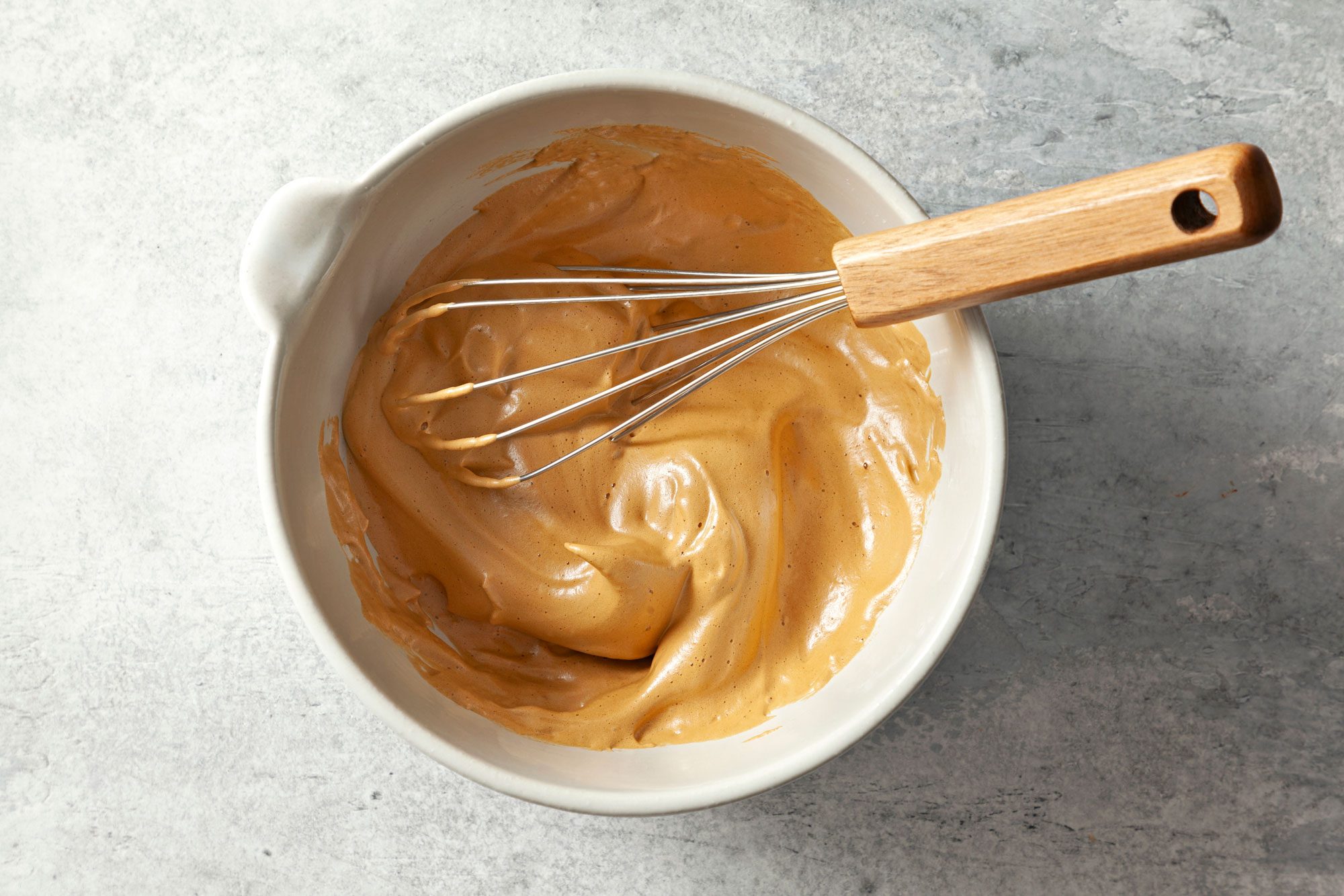 overhead shot of whipped coffee mix in a bowl