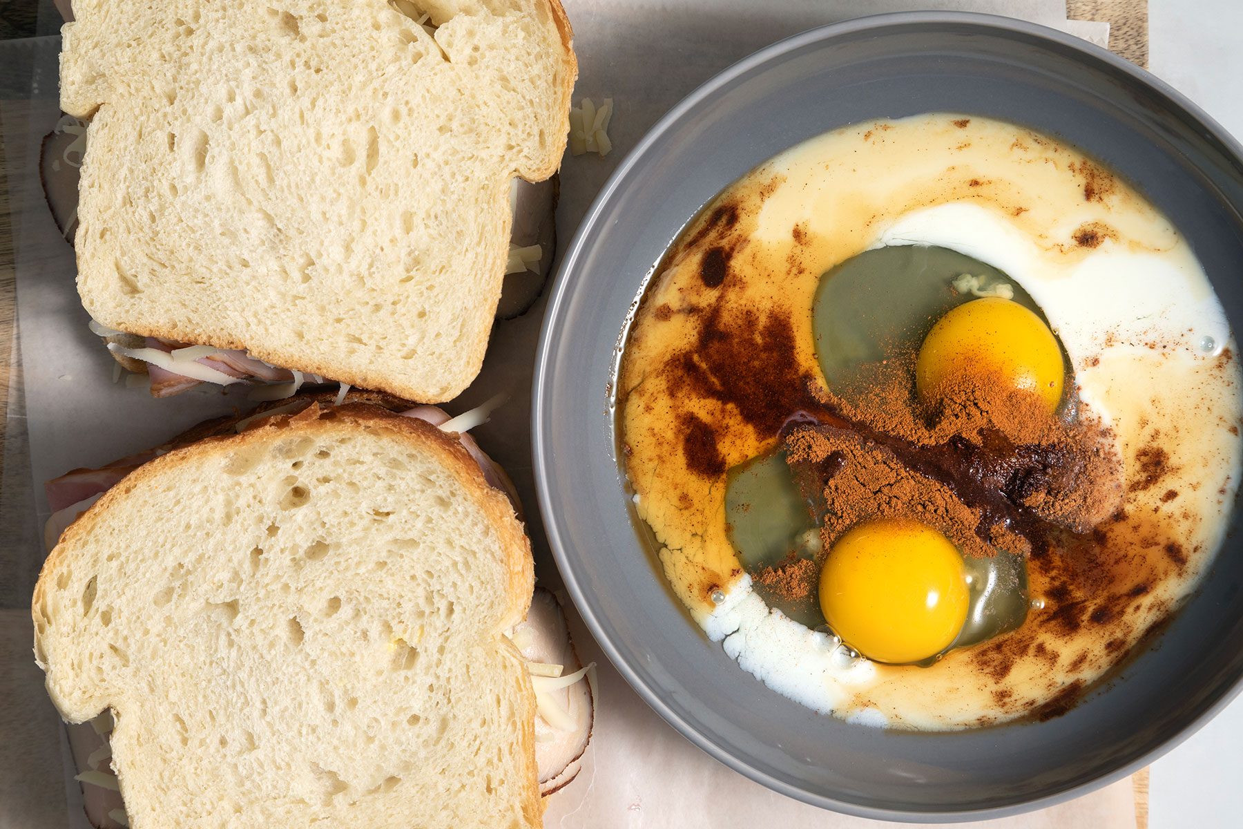 Making batter with eggs and other ingredients