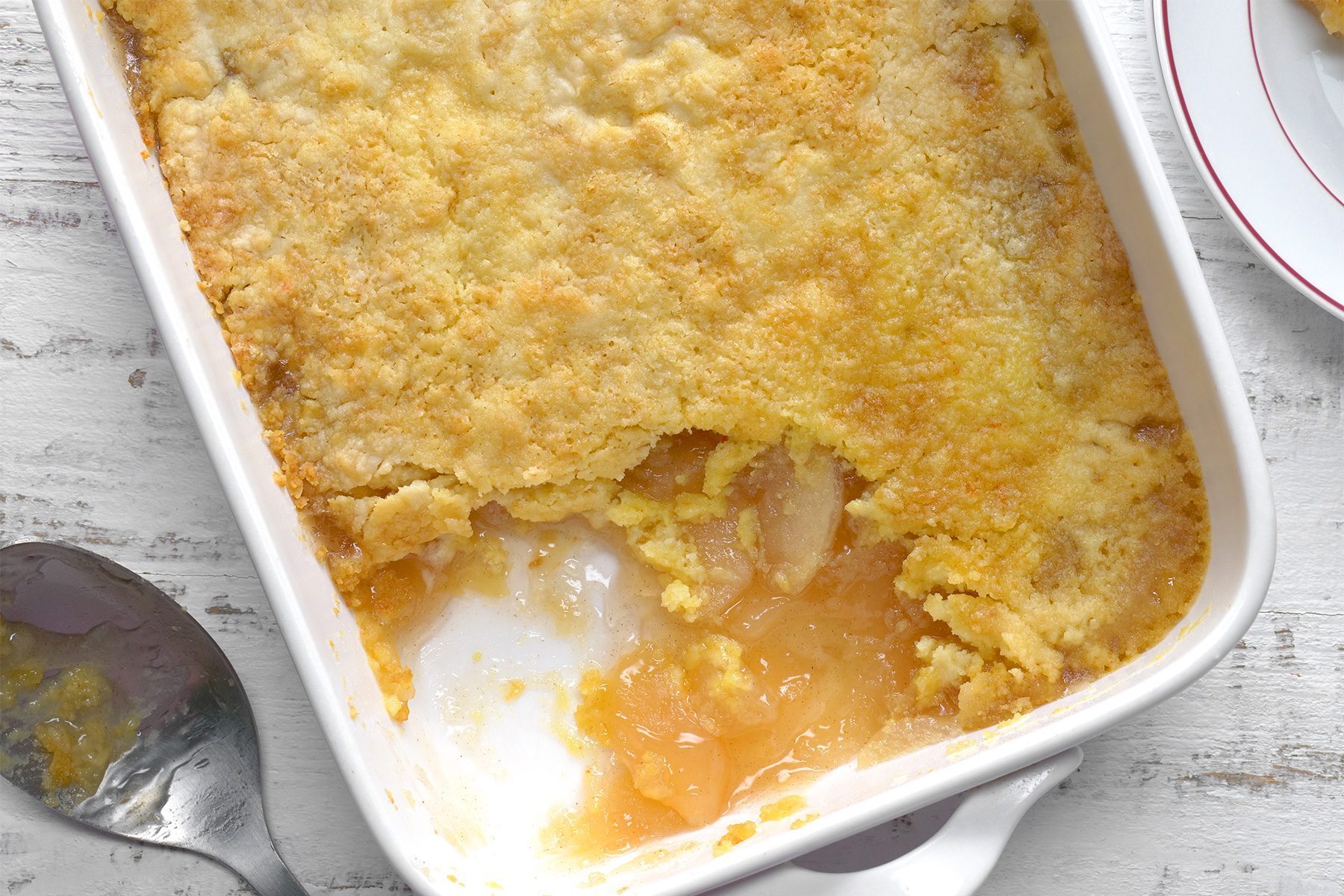 overhead shot of apple dump cake in a baking dish