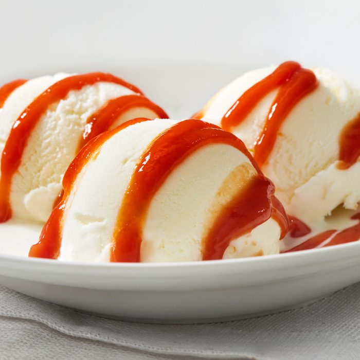 Vanilla Ice Cream Sundae with Sriracha drizzle