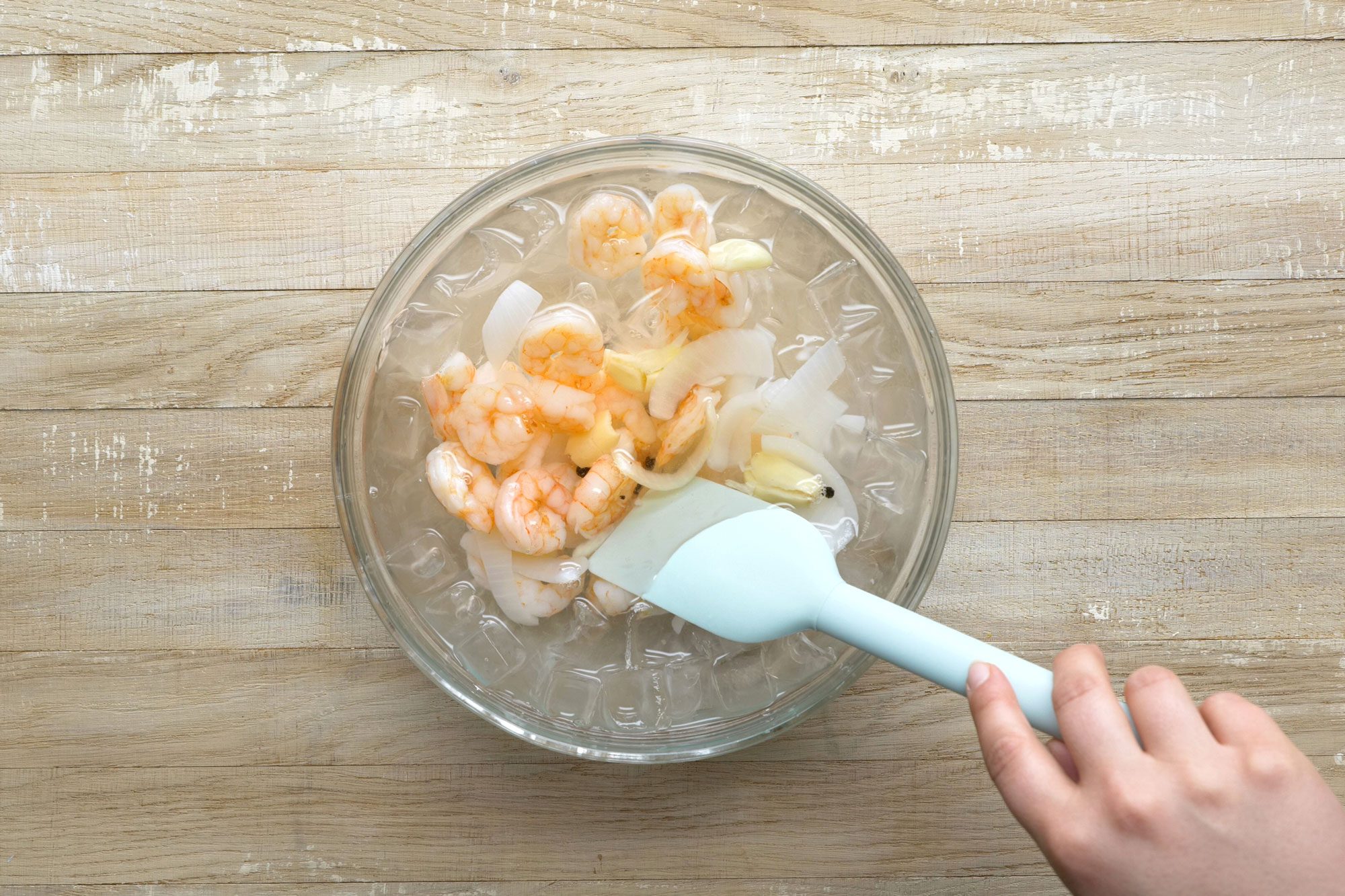Drop the shrimp into a bowl of ice water