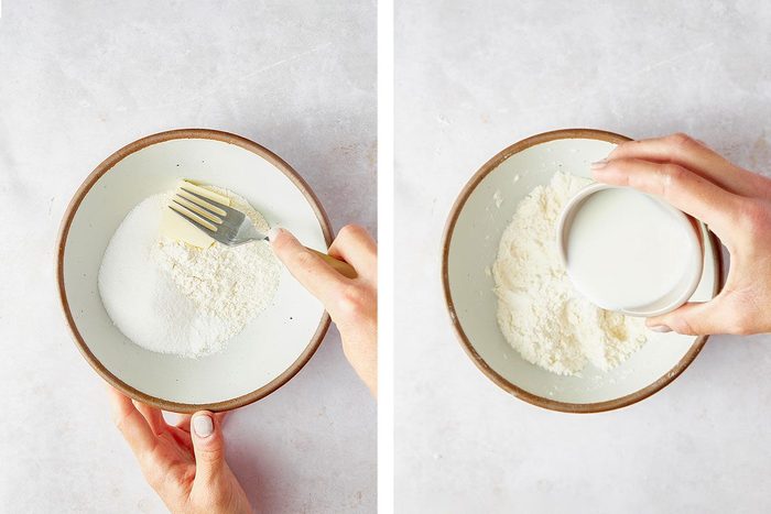 combing the dough ingredients in a bowl for Cherry Cobbler