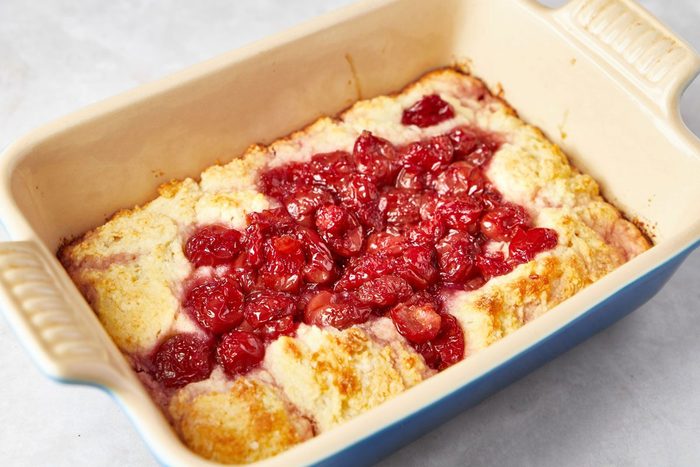 Cherry Cobbler fresh out of the oven in its baking dish
