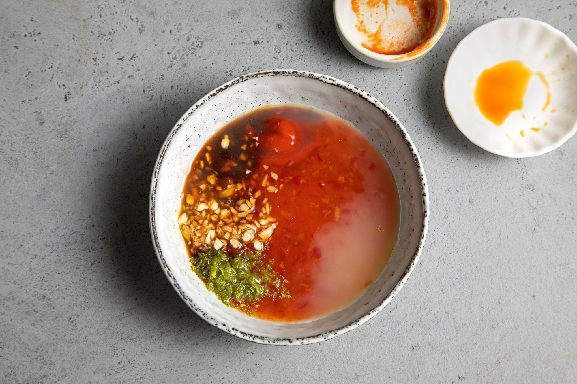 overhead shot of chilli mixture in a small bowl