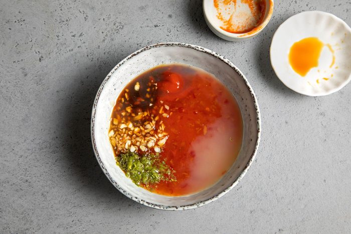 overhead shot of chilli mixture in a small bowl