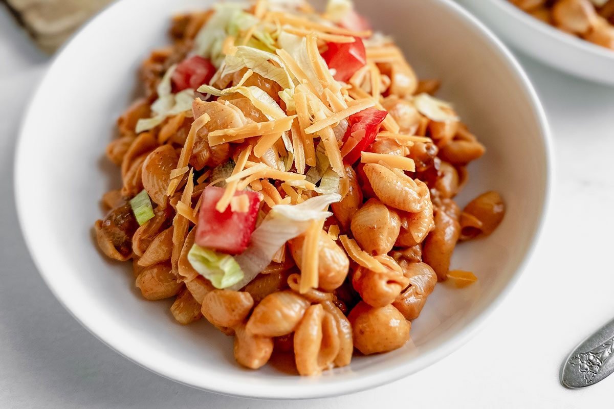 Taco Mac and Cheese in a white bowl