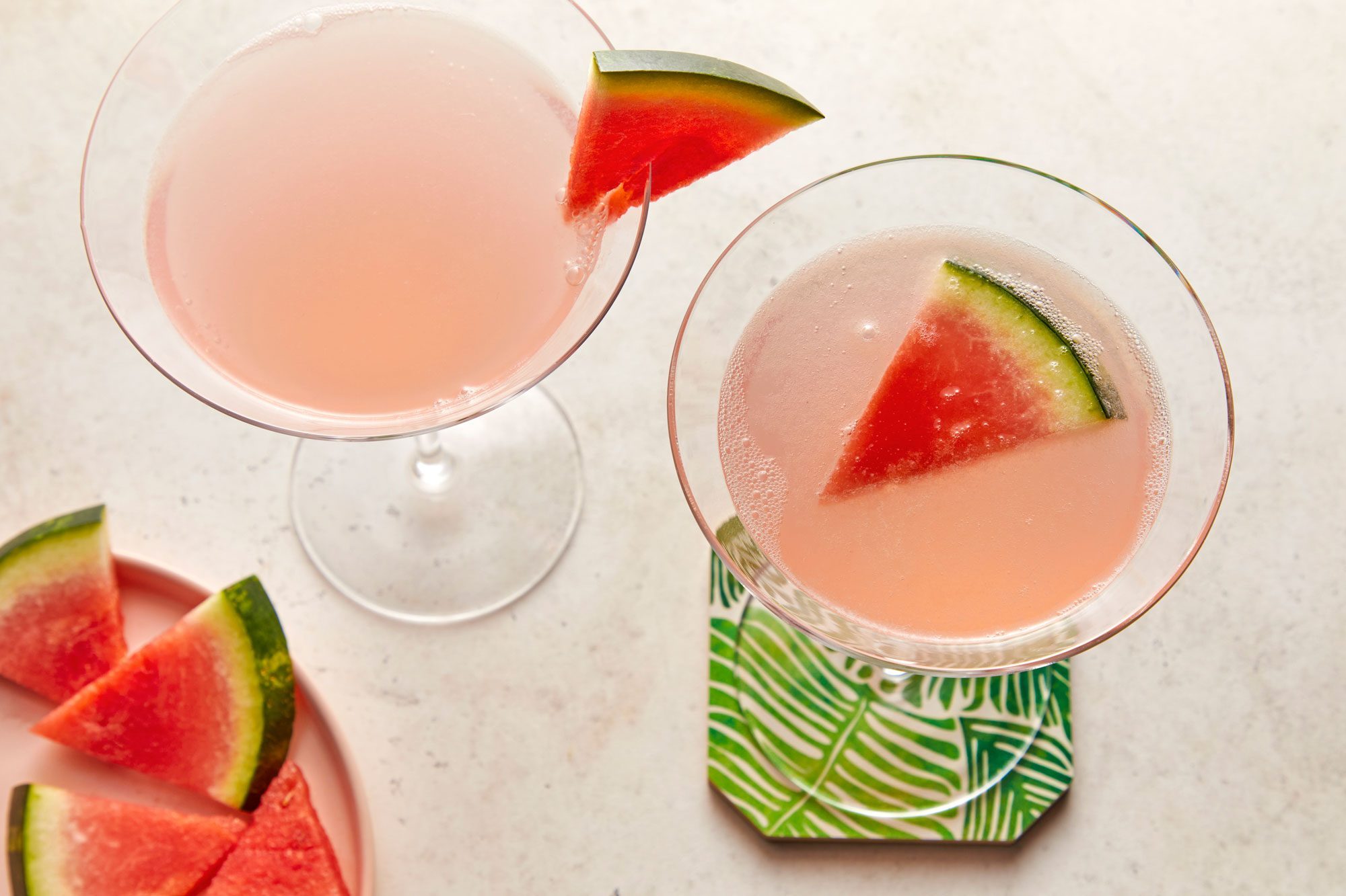 Two glasses of Watermelon Martini with fresh watermelon slices