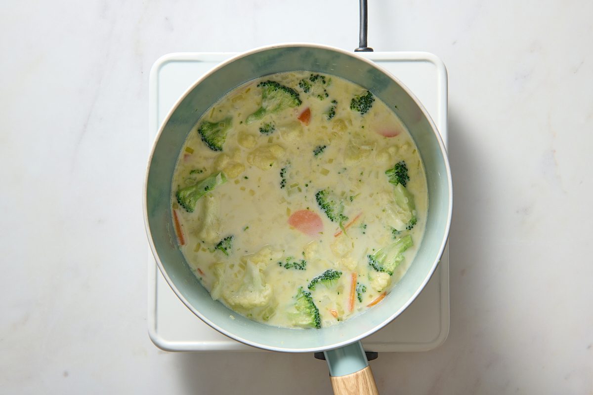 Milk added to vegetables in the pan