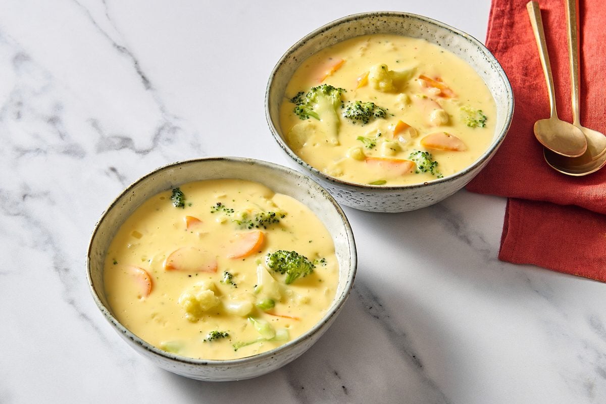 Shot of two bowls of broccoli cauliflower soup