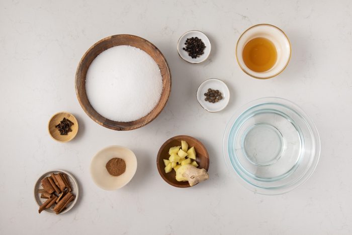 Ingredients for gingerbread syrup on kitchen counter.