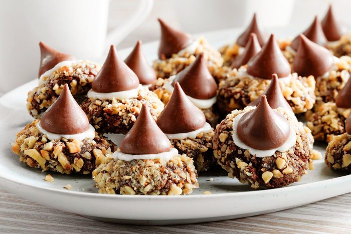 Chocolate Thumbprint Cookies on a white serving plate