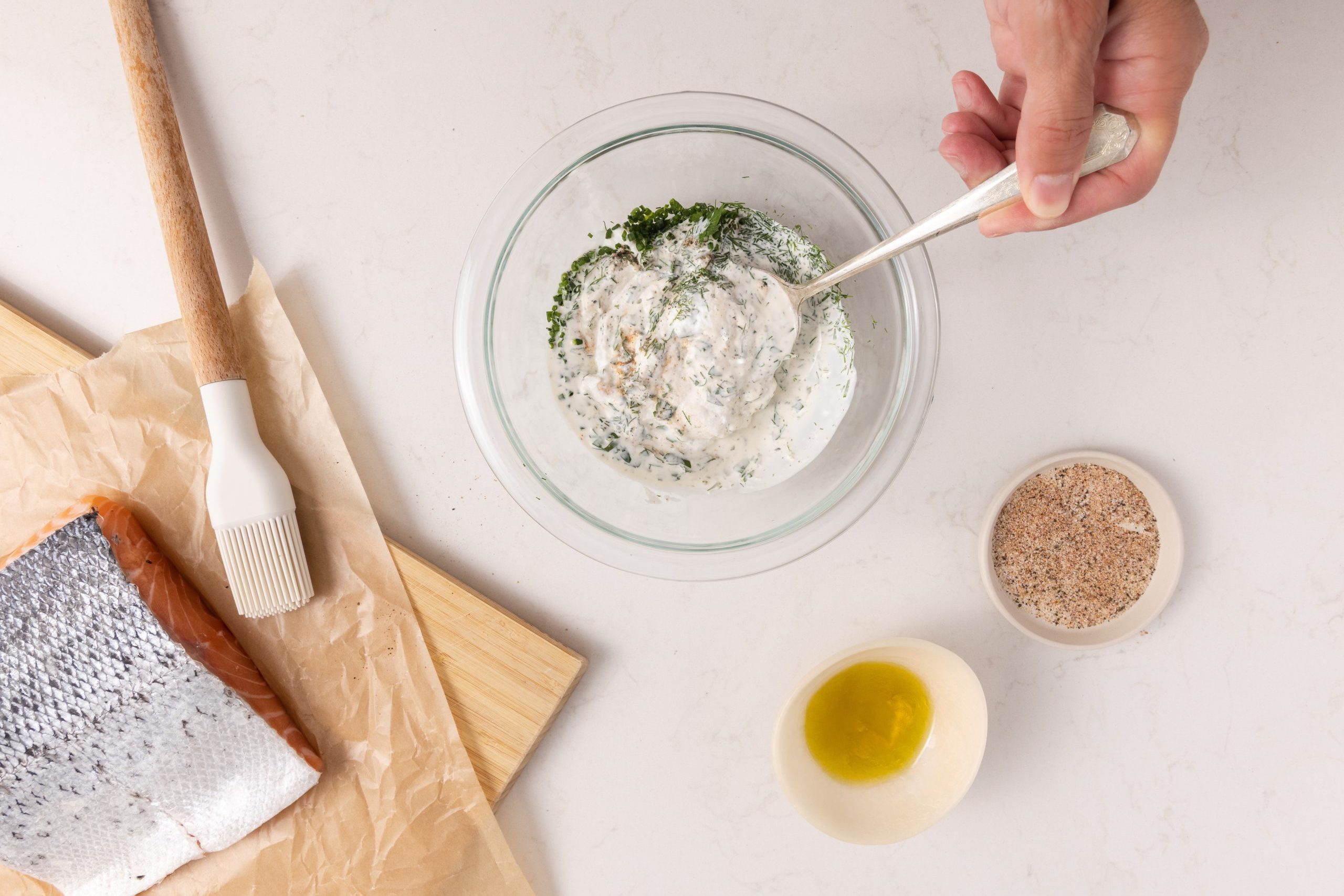 Dressing for salmon being prepared.