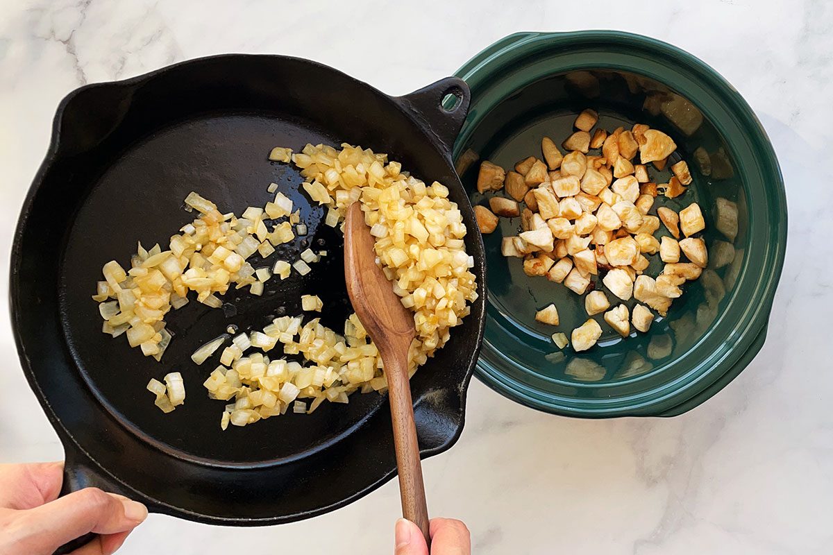 How to Make Hominy Soup, step 1 sauteeing chicken and onions